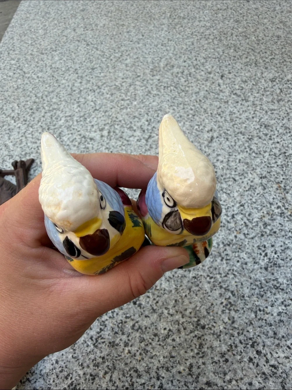 Pair of Ceramic Parakeet Bird salt and pepper shakers in Yellow & Multicolor